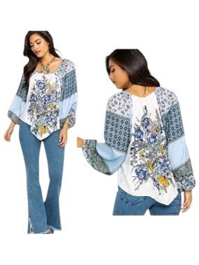 Free People Positano Blouse Ivory Multi Patchwork Balloon Sleeve XS